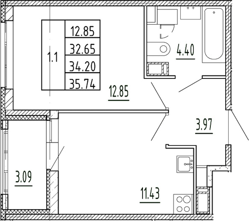 1-комнатная квартира 32.65 м², 11/13 эт., ЖК «Полис Приморский 2»